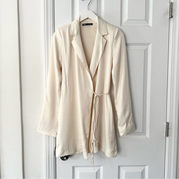 Zara Cream Beige Satin Effect True Wrap Long Sleeve Blazer Mini Dress Small - Picture 3 of 16